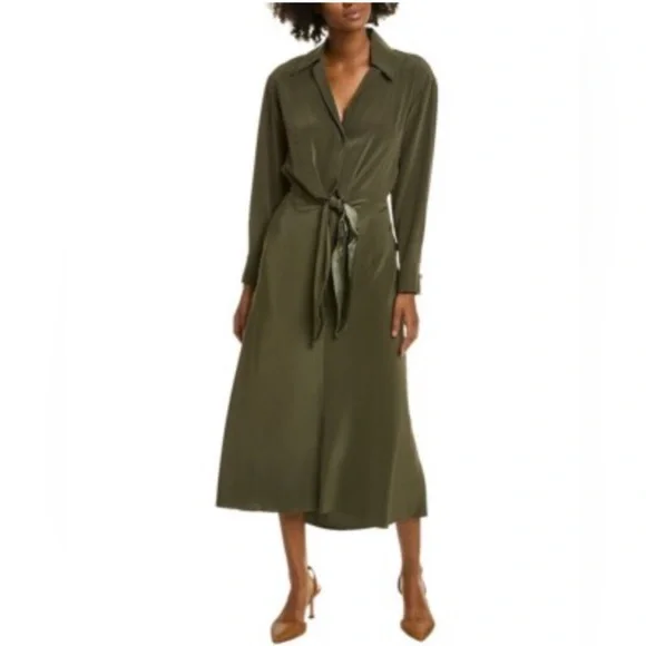 Vince Olive Green Tie-Front Maxi Dress SZ XL v-neck luxurious designer NWT - Picture 3 of 15